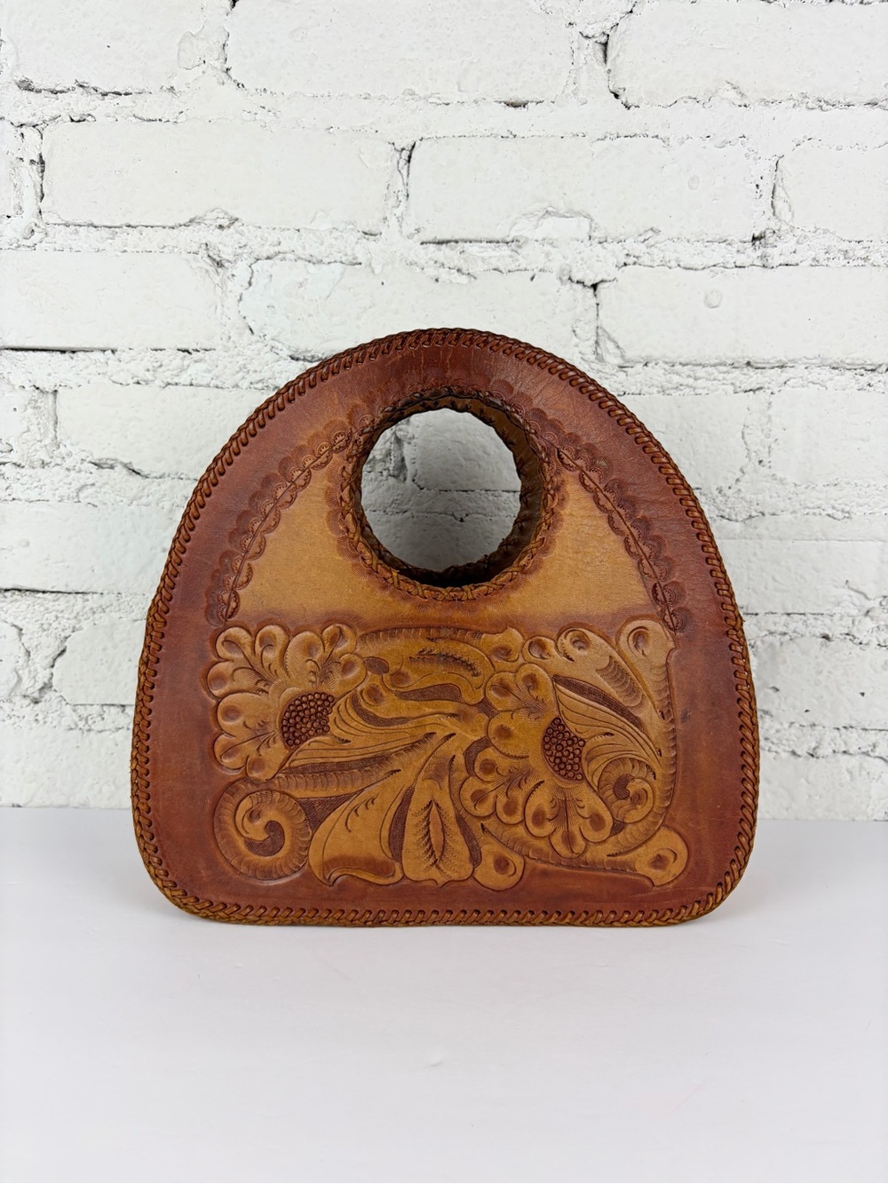 Clifton’s VTG 70s Hand Tooled Leather Handle Circle Cutout Whipstitch Handbag